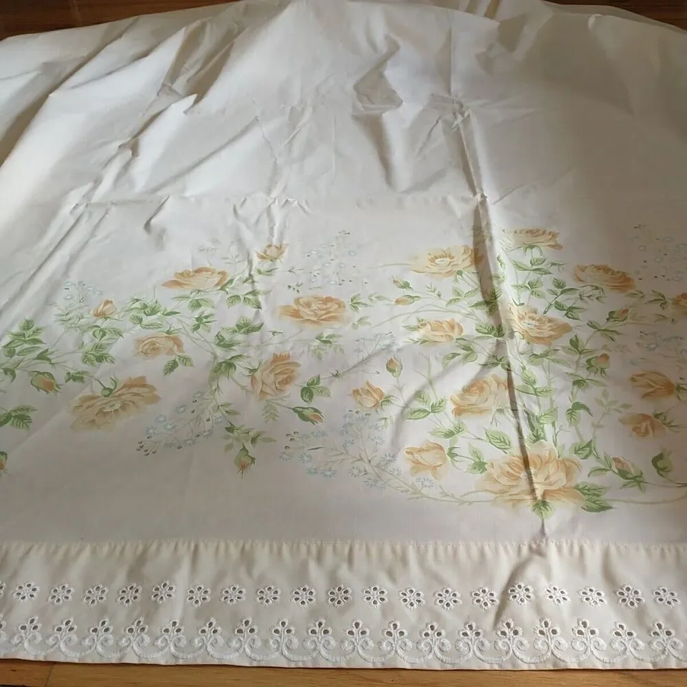 VTG Martex West Point Queen Flat Sheet Yellow Blue Flower Eyelet Percale Cottage
